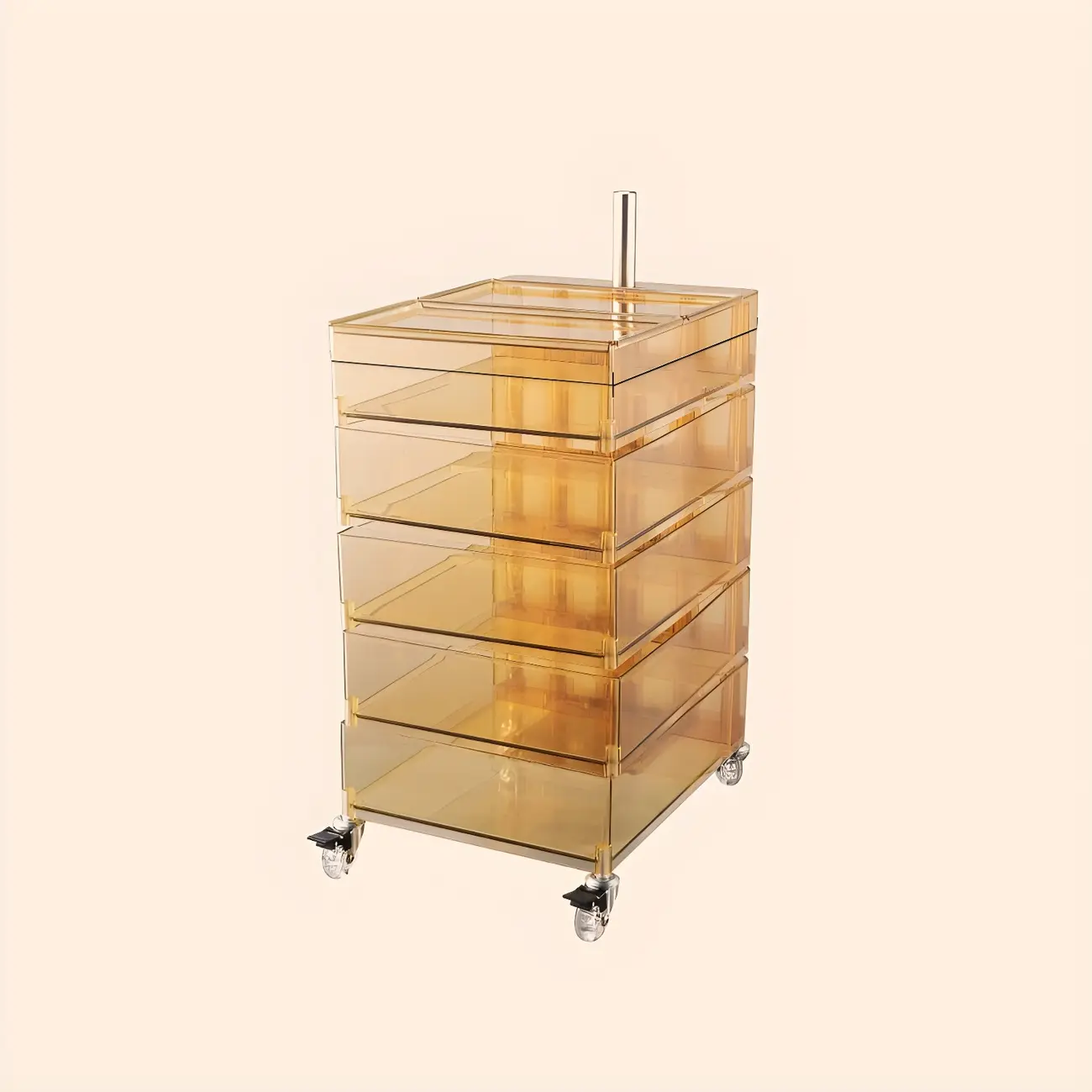 Vibrant Yellow Transparent Nightstand with Drawers and Wheels