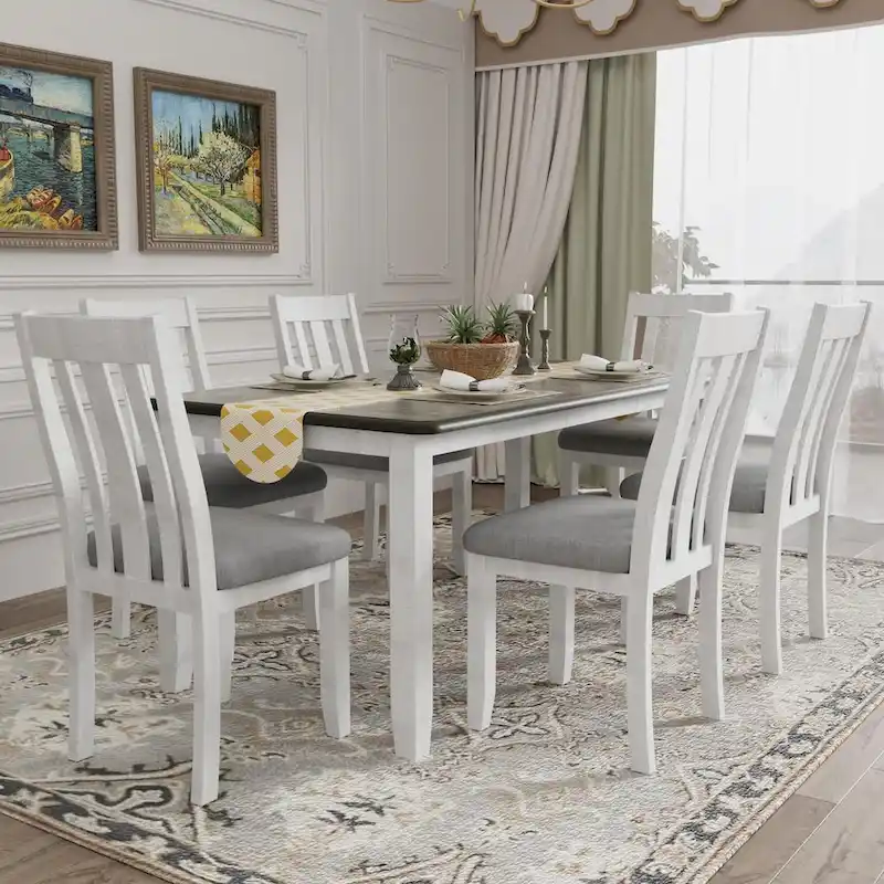 Retro Style 7-Piece Dining Table Set with Extendable Table and 6 Upholstered Chairs