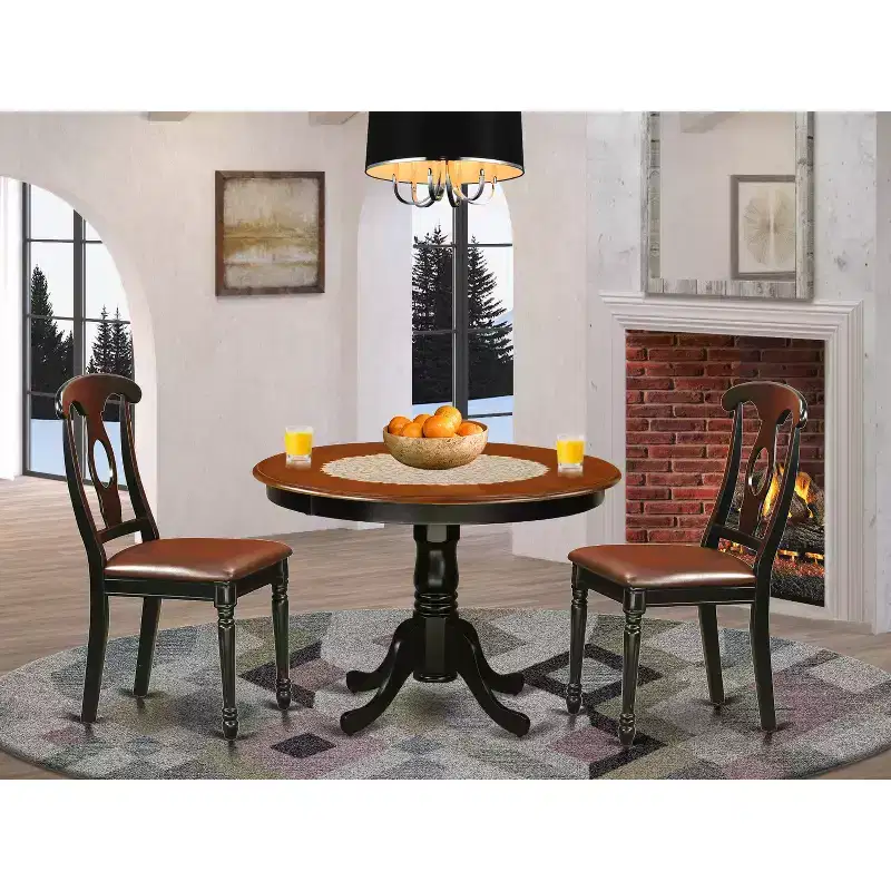 HomeStock 3-Piece Round Black and Cherry Finish Solid Wood Top Dining Table with 2 Chairs