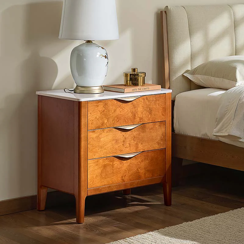 3-Drawer Nightstand with Marble Top, Power Outlet, USB Ports & Wood Veneer Finish | Acorn / Black | Single