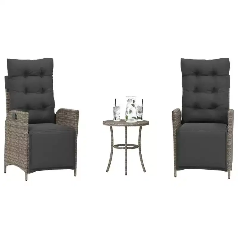 vidaXL 3-Piece Poly Rattan Bistro Set with Reclining Chairs - Gray Lounge Furniture with Navy Cushions for Garden, Patio, Balcony
