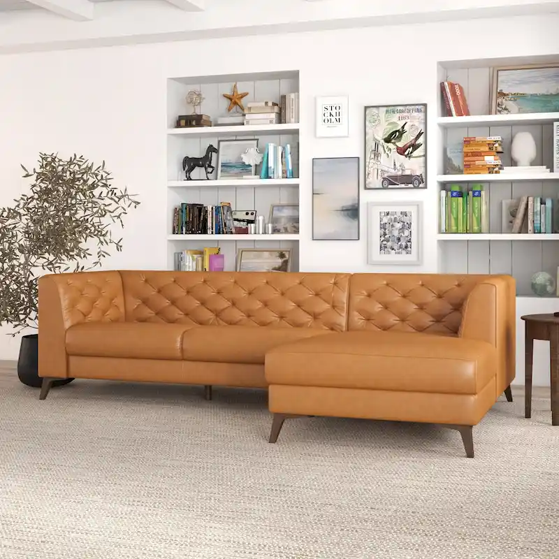 Modern Chesterfield Tufted Living Room Top Leather Corner Sectional Sofa in Cognac Tan