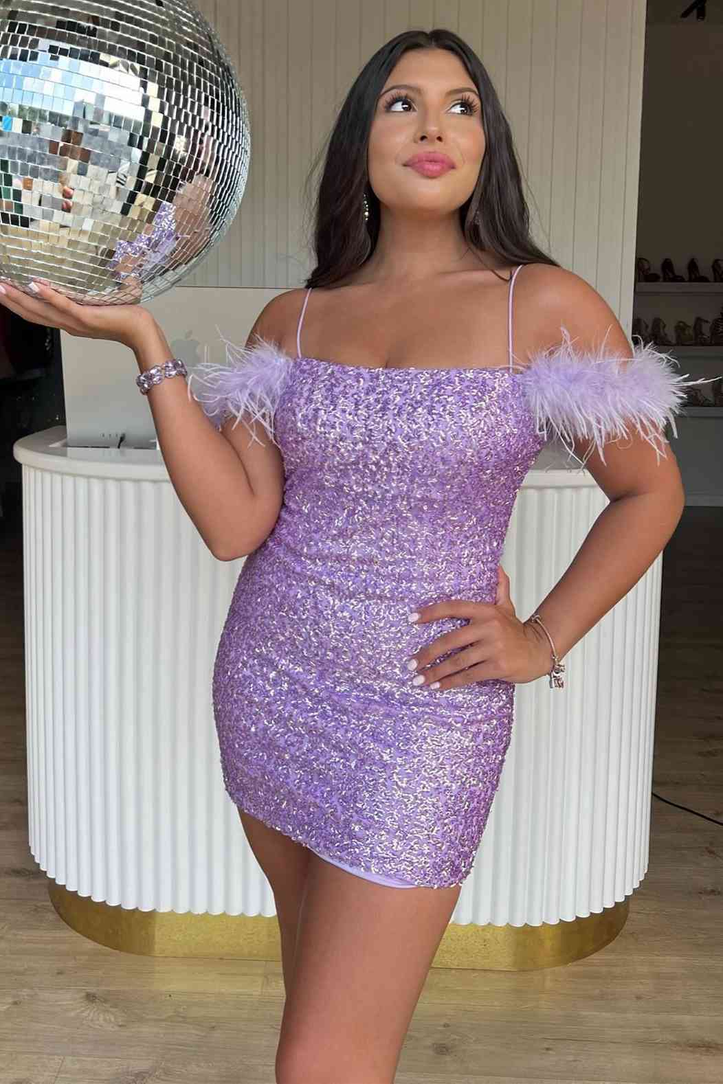 Lilac Bodycon Sequins Mini Party Dresses with Feathers