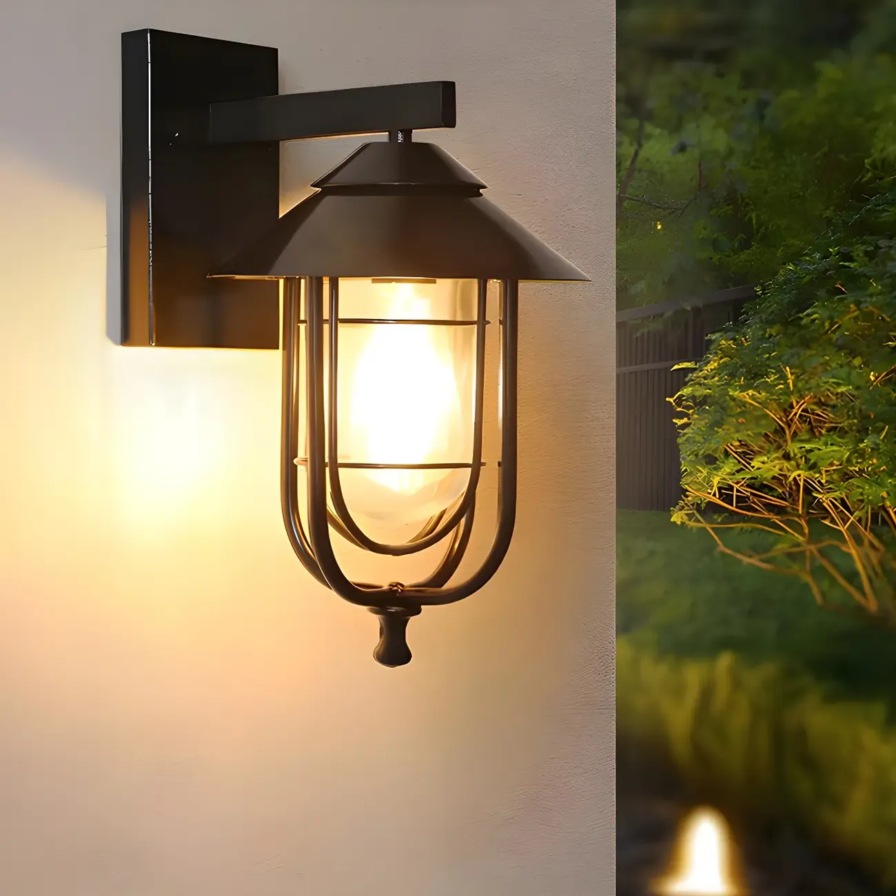Industrial Black Metal Lantern LED Glass Outdoor Wall Light
