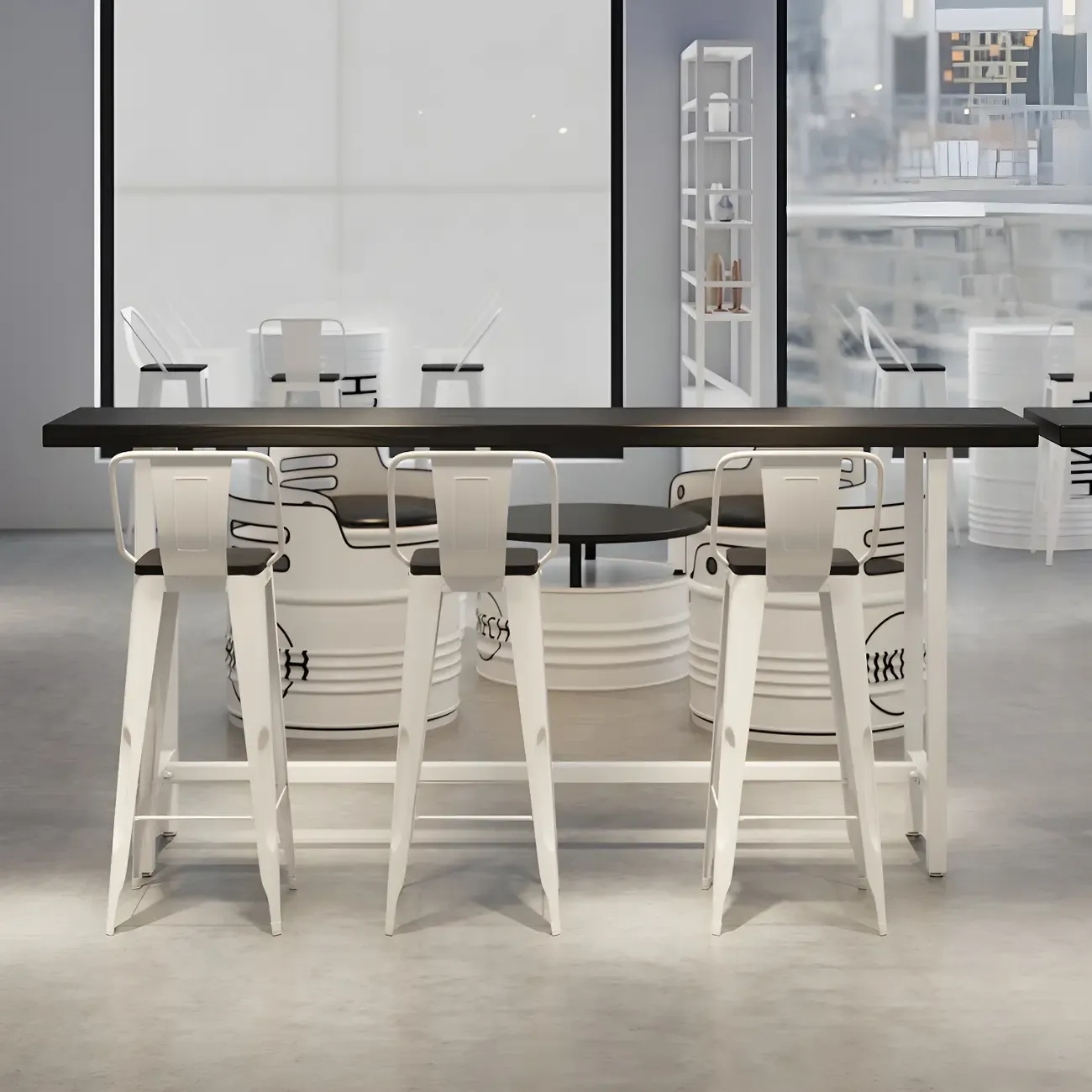 Industrial Black Wood Top Metal Trestle Base Bar Table