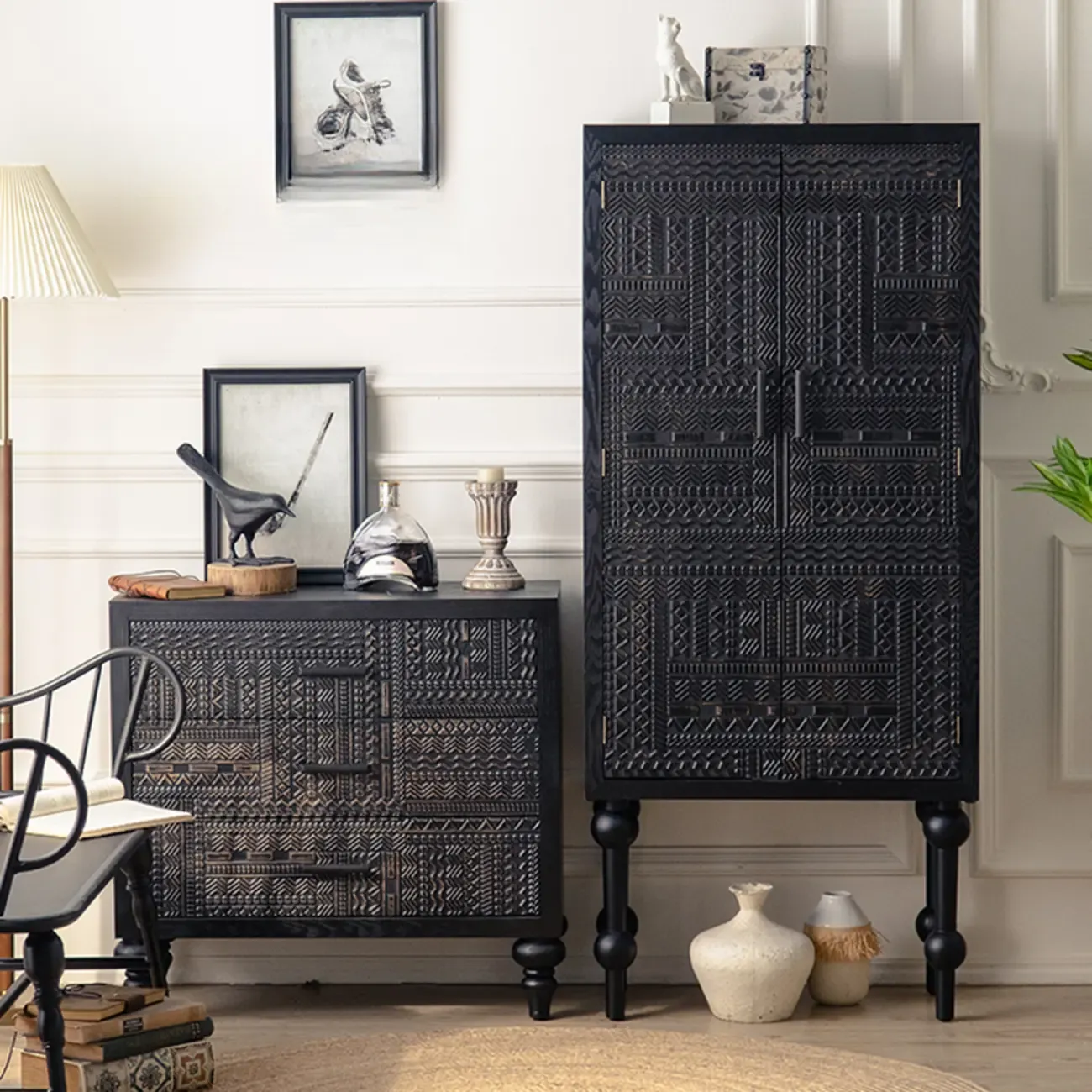 Artistic Pattern Wood Black Cabinet Sideboard in 3-Shelf