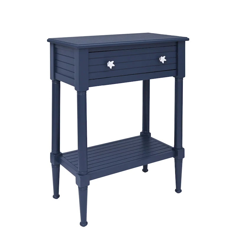 White / Natural / Blue Coastal Accent Side Table with Drawer & Lower Shelf, 1-Person