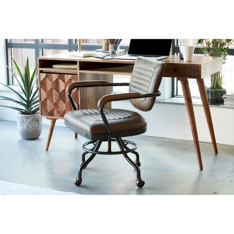Rustic Vintage Soft Brown Leather Office Desk Chair, Adjustable Height