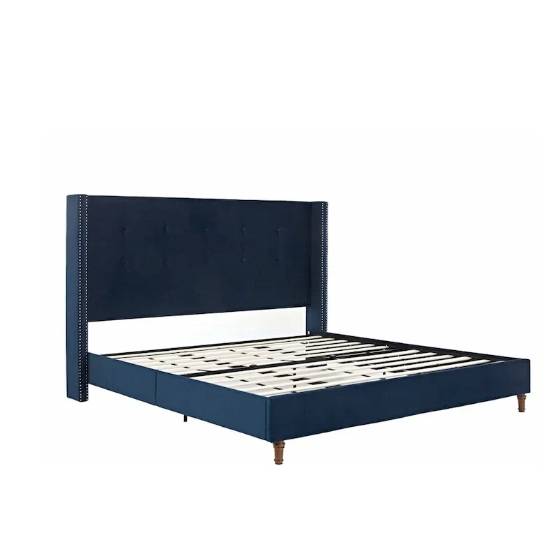 Velvet Upholstered Queen Bed - Wingback with Nailhead Trim