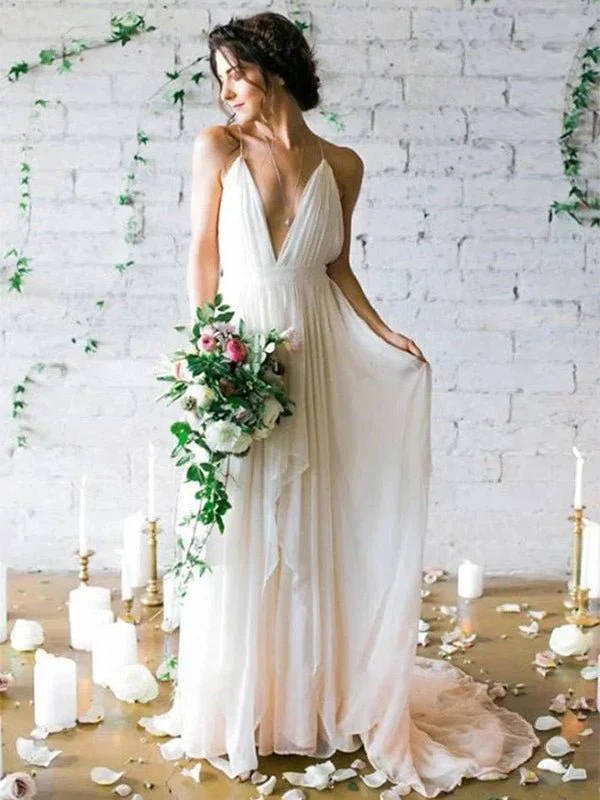 A-Line V Neck Straps Spaghetti Sheath Chiffon Wedding Dress