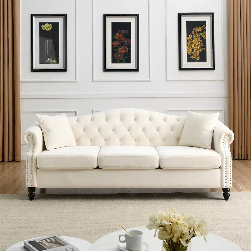 3 Seater Sofa Tufted Couch with Rolled Arms and Nailhead