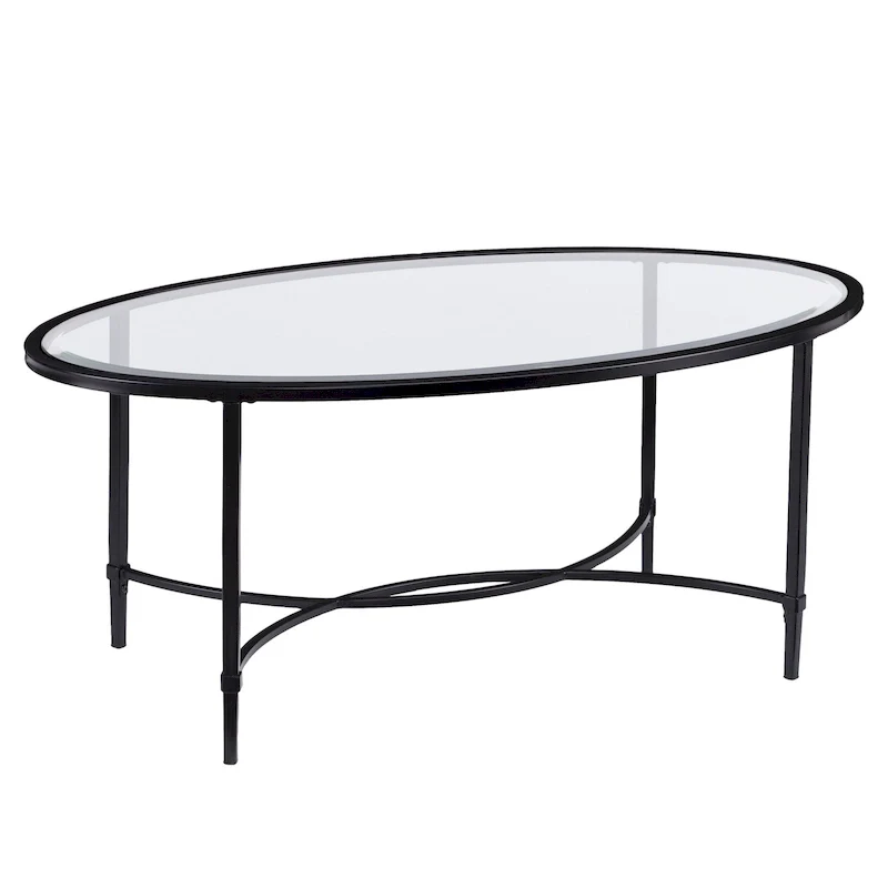 HomeRoots 45 Clear and Black Glass and Metal Oval Coffee Table - 19 H x 45 W x 25 D