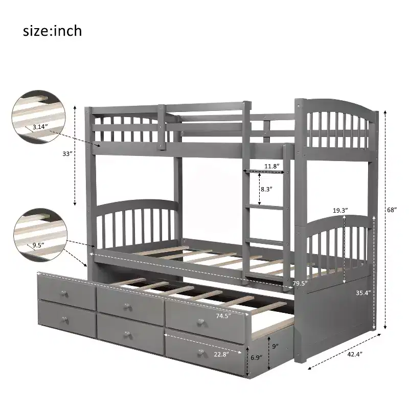 Luxystar Modern Twin Over Twin Bunk Bed With Trundle and 3 Drawers