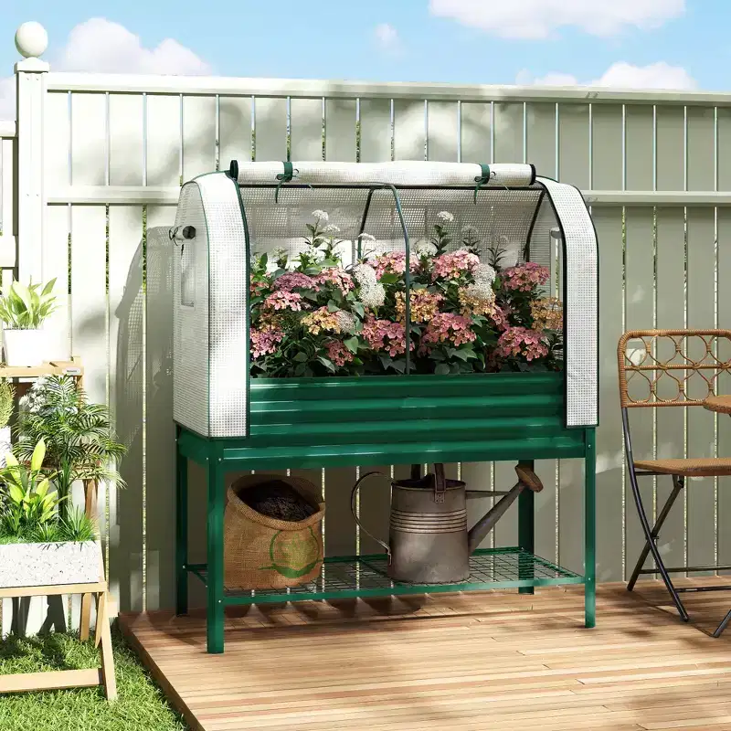 Outsunny Galvanised Raised Garden Bed with Greenhouse Cover, Metal Elevated Garden Bed with Bed Liner and Bottom Shelf