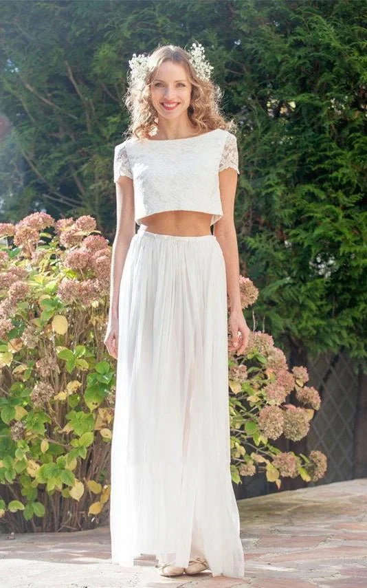 Two Piece Bateau Ankle-Length Chiffon Wedding Dress With Split Front And Pleats