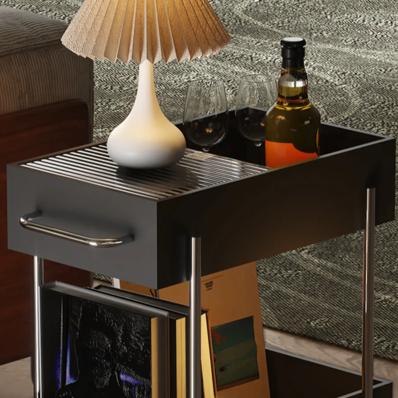Trendy Black 2-Tier Small Side Table with Casters