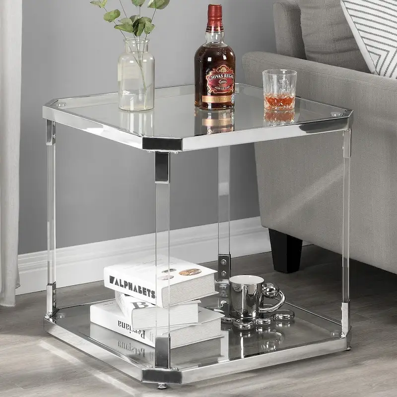 Silver Chrome and Acrylic I-Frame Side Table with 2-Tier Clear Glass Panels – 21.7 in