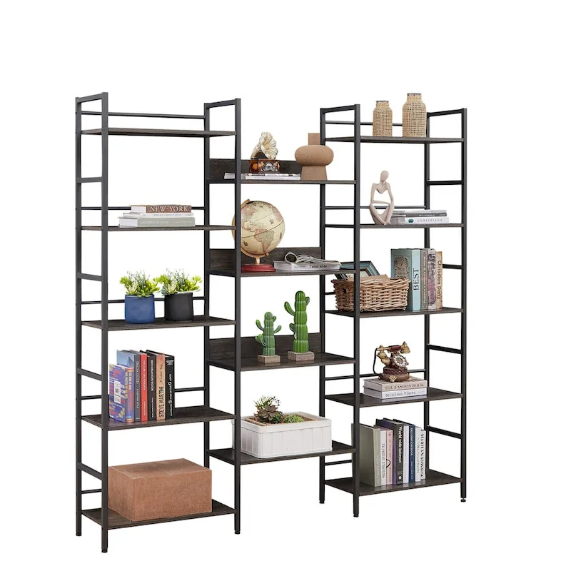 Triple Wide 5-shelf Bookshelves Industrial Retro Wooden Style Home and Office Large Open Bookshelves