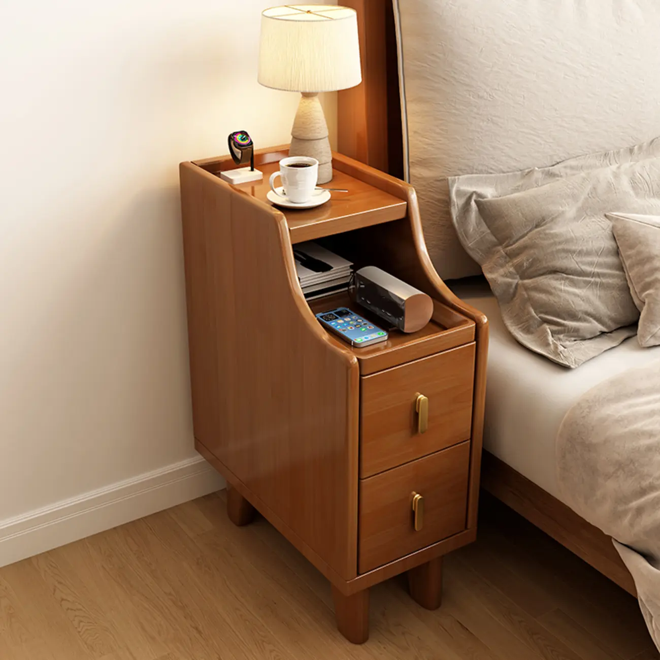 Narrow Small Walnut Wood Nightstand with Shelves