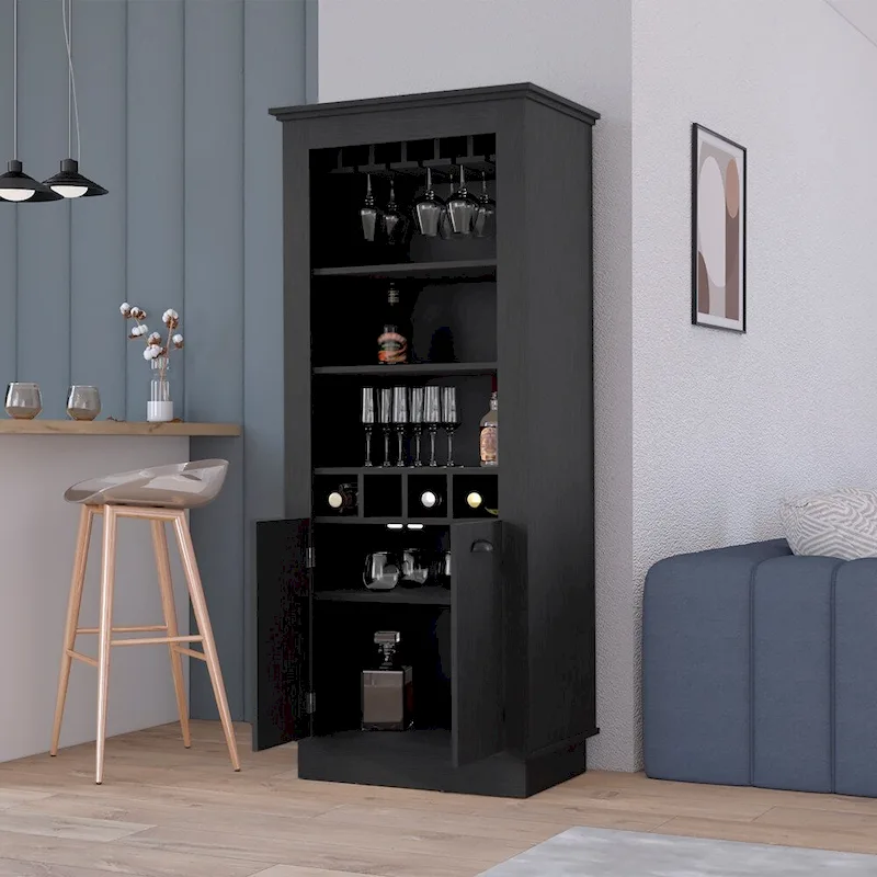 Bar Cabinet with 4-Bottle Wine Rack, Upper Glass Holder & Dual Door Storage