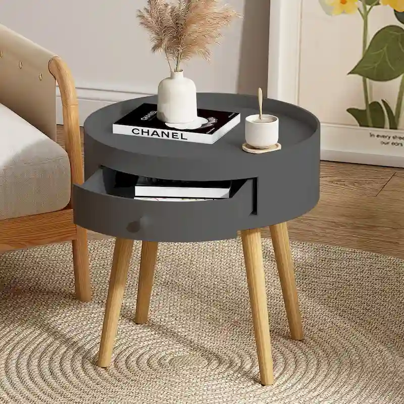Modern Coffee Table with Drawer, Bedside Table, Sofa Side Table, Oak Table Legs, Suitable for Living Room and Bedroom,Gray