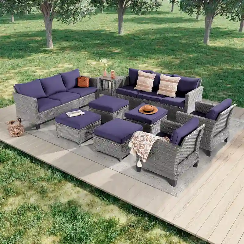 LIVOOSUN 9Pcs Patio Sofa Set Gray PE Wicker Outdoor Furniture Ottomans w/Table