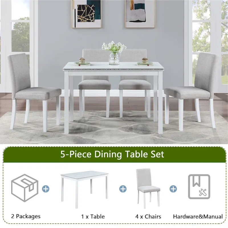 Wooden Dining Table with Rectangular Top and 4 Upholstered Chairs