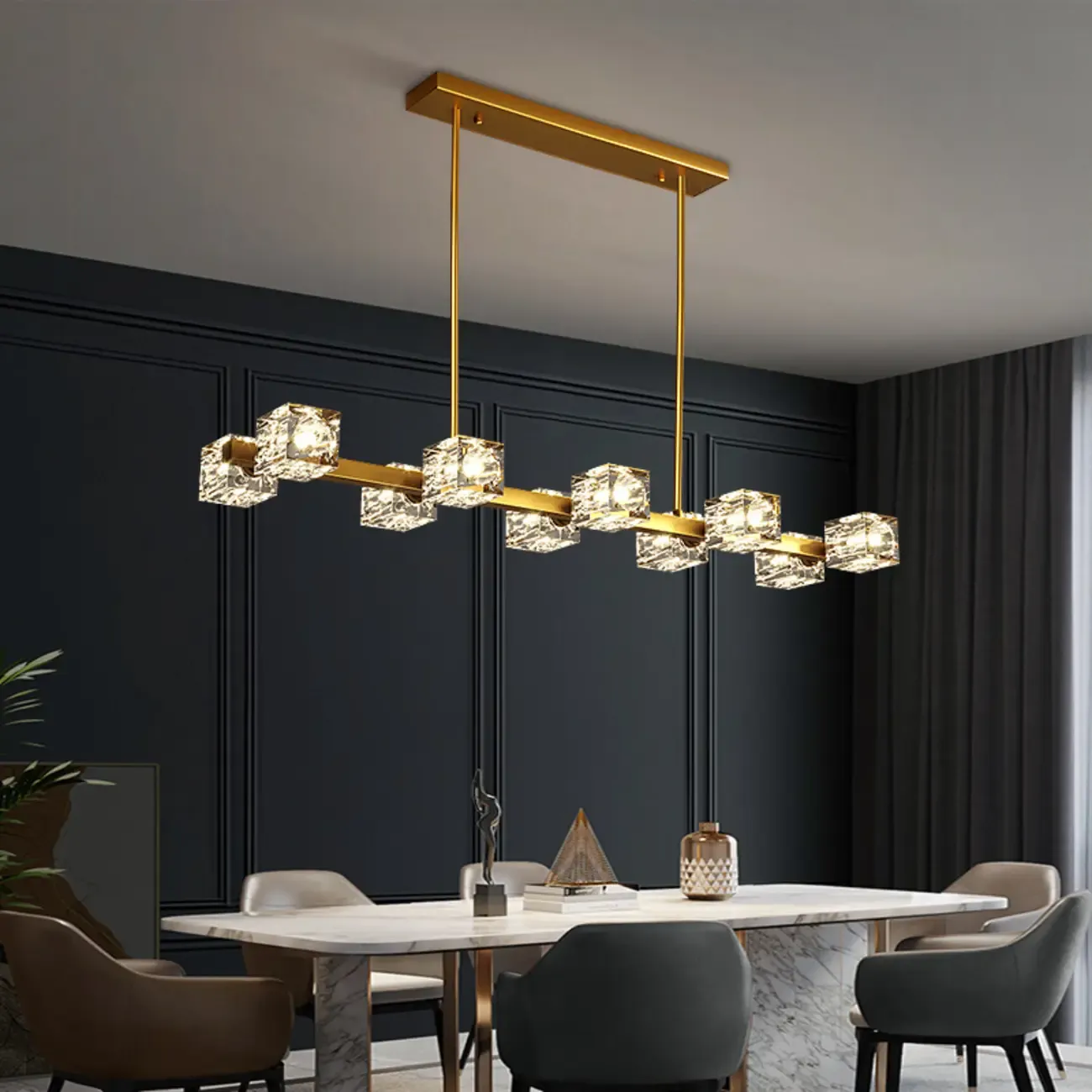 Glamorous Golden Square Crystal Island Pendant Light