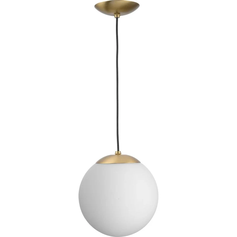 Atwell Collection Brushed Bronze and Opal Glass Globe Medium Hanging Pendant Light - 10 in x 10 in x 10.5 in