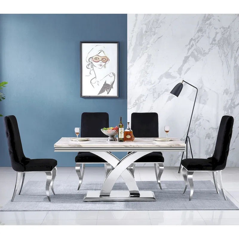 Black and Gold Dining Room Table with 65-inch top and Gold Polished Stainless Steel Metal Double X Base