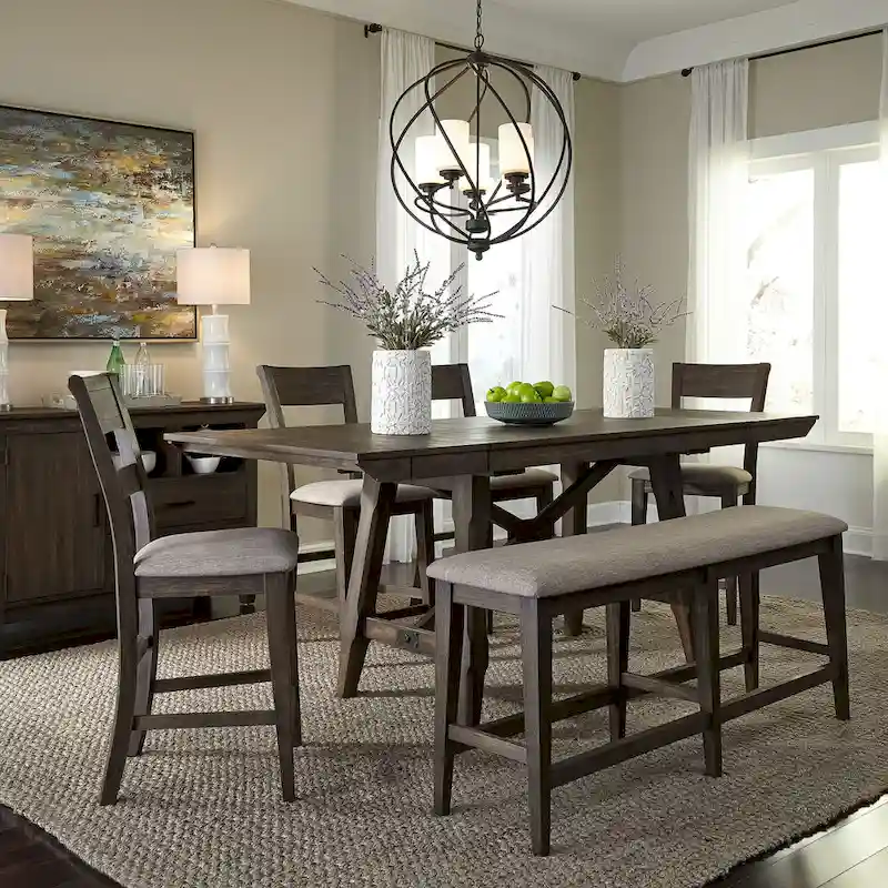 Dark Chestnut Gathering Table Set with Counter Chairs & Bench