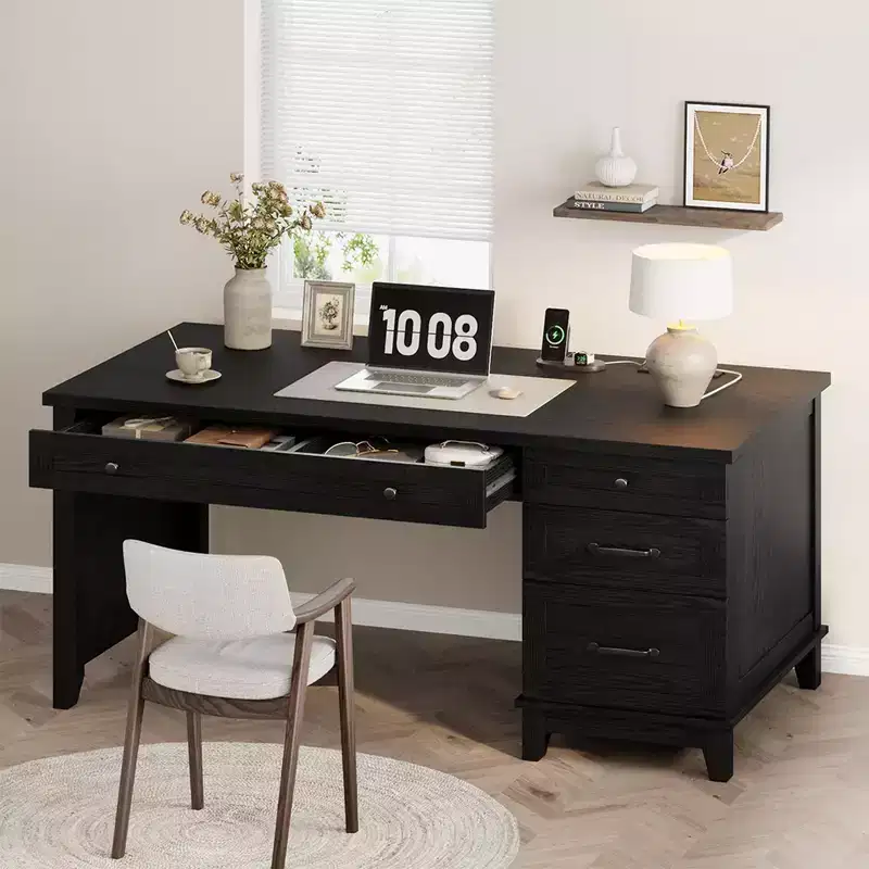 Executive Desk with Drawers, Farmhouse Home Office Desk with Charging Station, 53.54 in Wooden Computer Desk with File Cabinet Storage