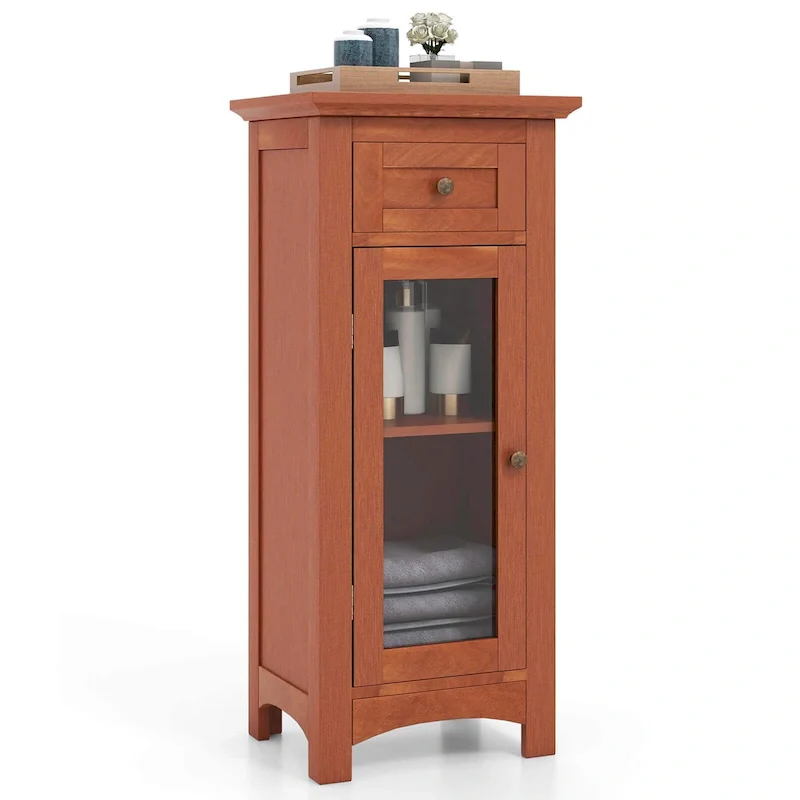 Brown/Black Single-Door Floor Cabinet with Glass Door & Drawer