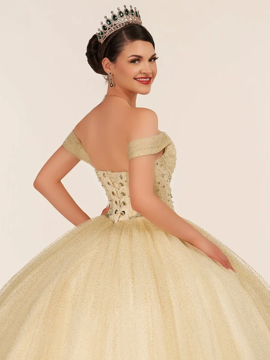 Yellow Ball Gown Tulle Off-the-Shoulder Quincenara Dresses