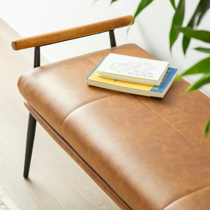 48.5W Modern Upholstered Bench with Wooden Arms and Metal Legs