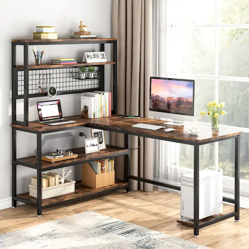 L-Shaped Desk 67 Wireless Charging 9 Storage Shelves Hutch Reversible Corner Home Office