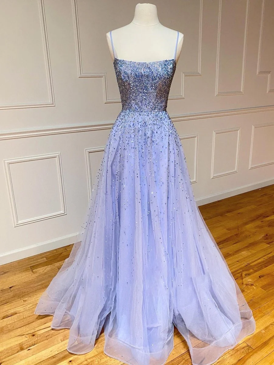 Lavender A-line Glitter Tulle Beaded Long Prom Dress
