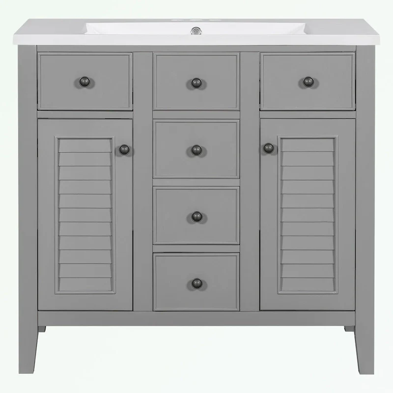 Bathroom Vanity with Ceramic Basin, Two Cabinets and Five Drawers