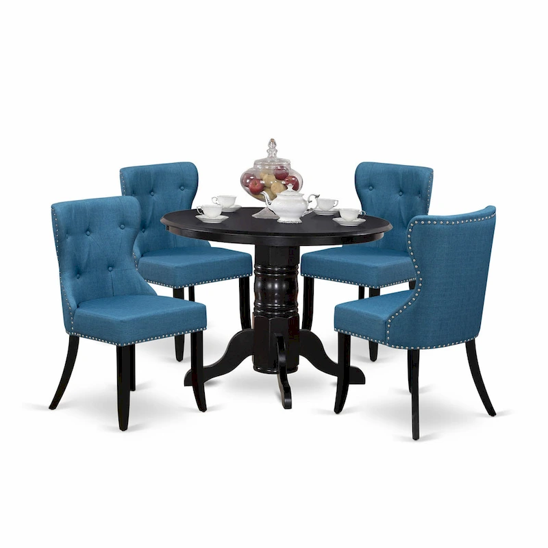 East West Furniture Kitchen Table Set- a Round Dining Table and Blue Linen Fabric Parson Chairs, Black(Pieces Options)