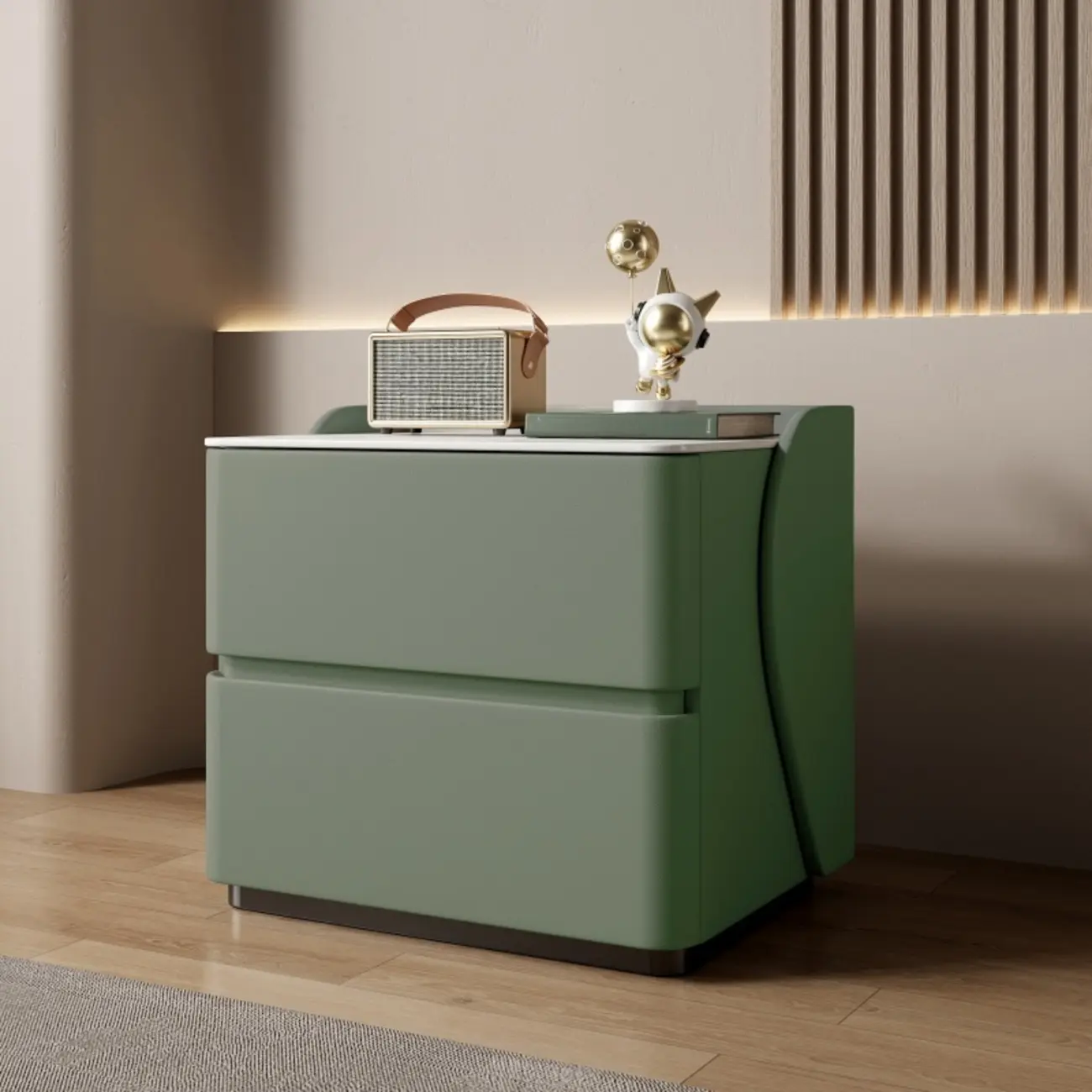 Modern Stone Top Leather Pine 2-Drawer Nightstand