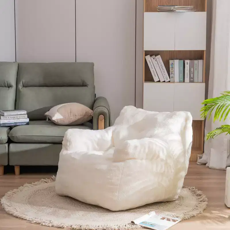 Soft Teddy Fabric Tufted Foam Bean Bag Chair With Teddy Fabric Ivory White