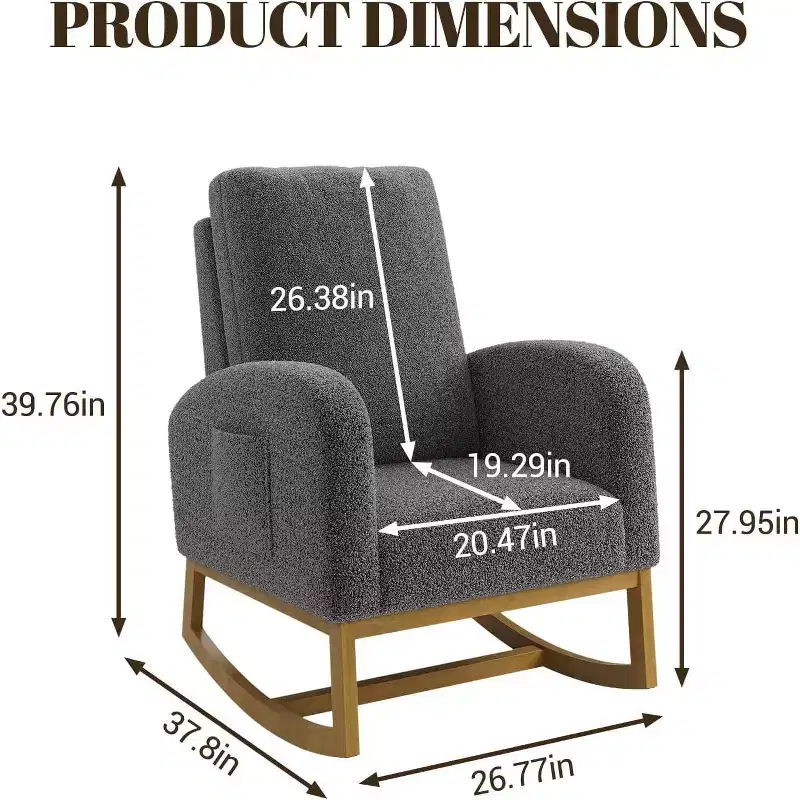 Modern Rocking Chair, Soft Faux Lambskin Upholstered Glider Rocking Chair with High Backrest, Side Pockets
