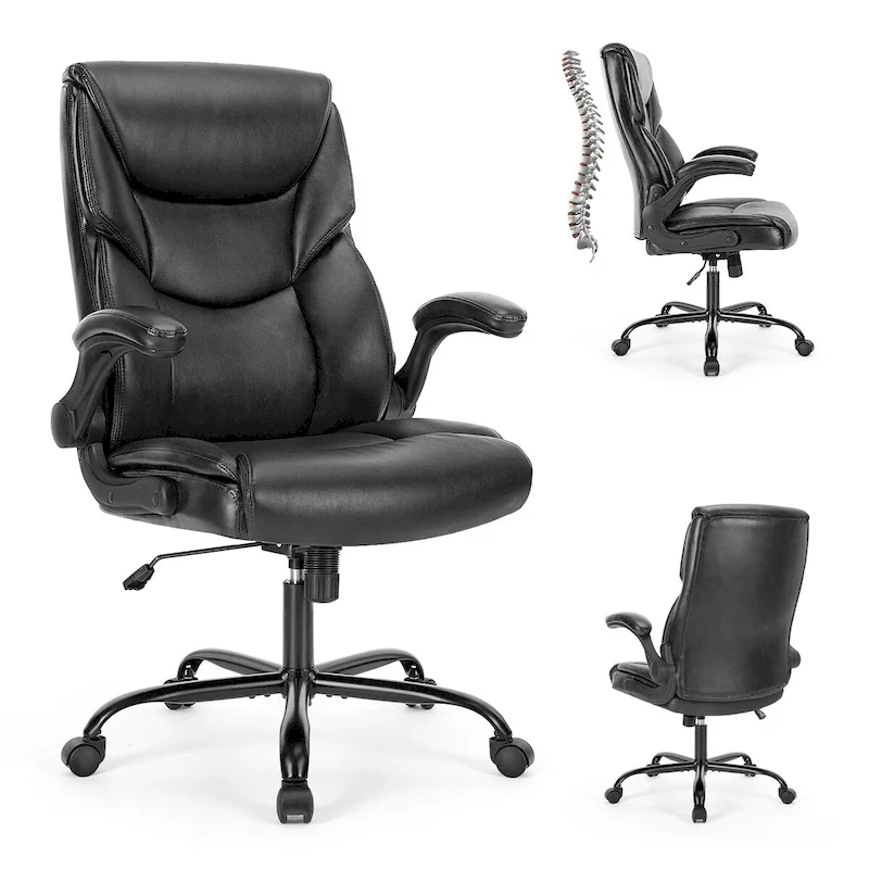 Black/Brown/White High-Back PU Leather Office Chair with Flip-Up Armrests, Single
