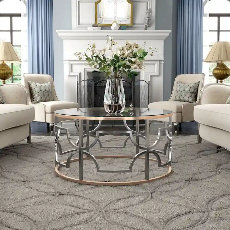 DH BASIC Modern Style Chrome and Gold Round Open Coffee Table by Denhour