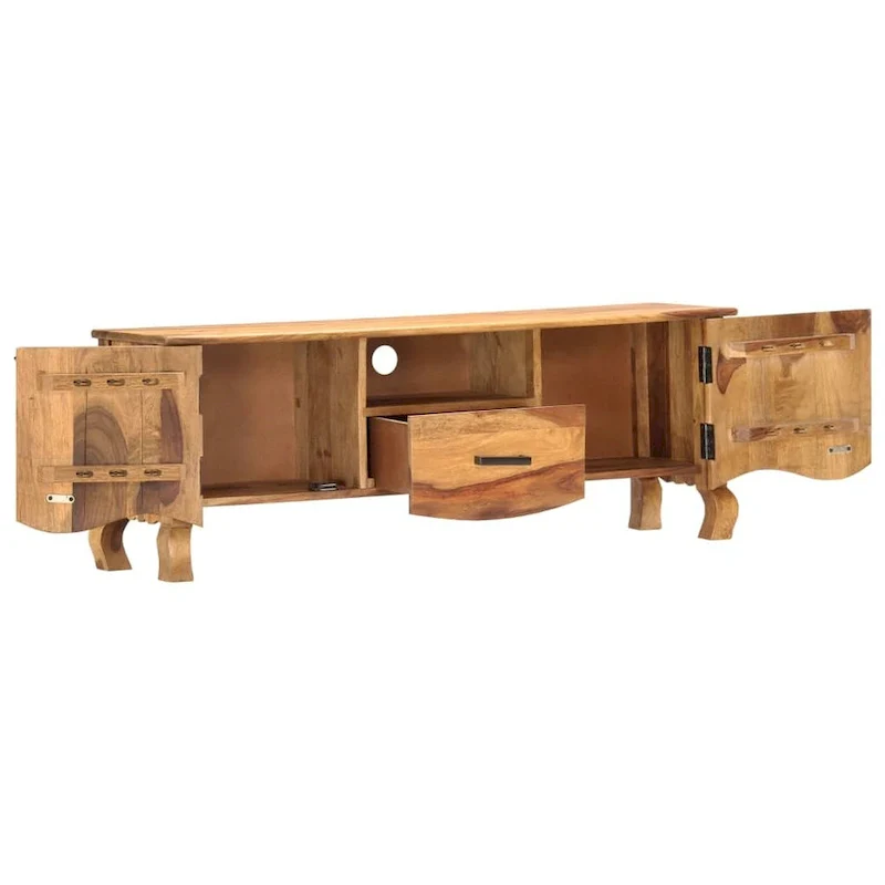 Solid Wood TV Stand, Brown, 2 Doors 1 Drawer, Mid-Century