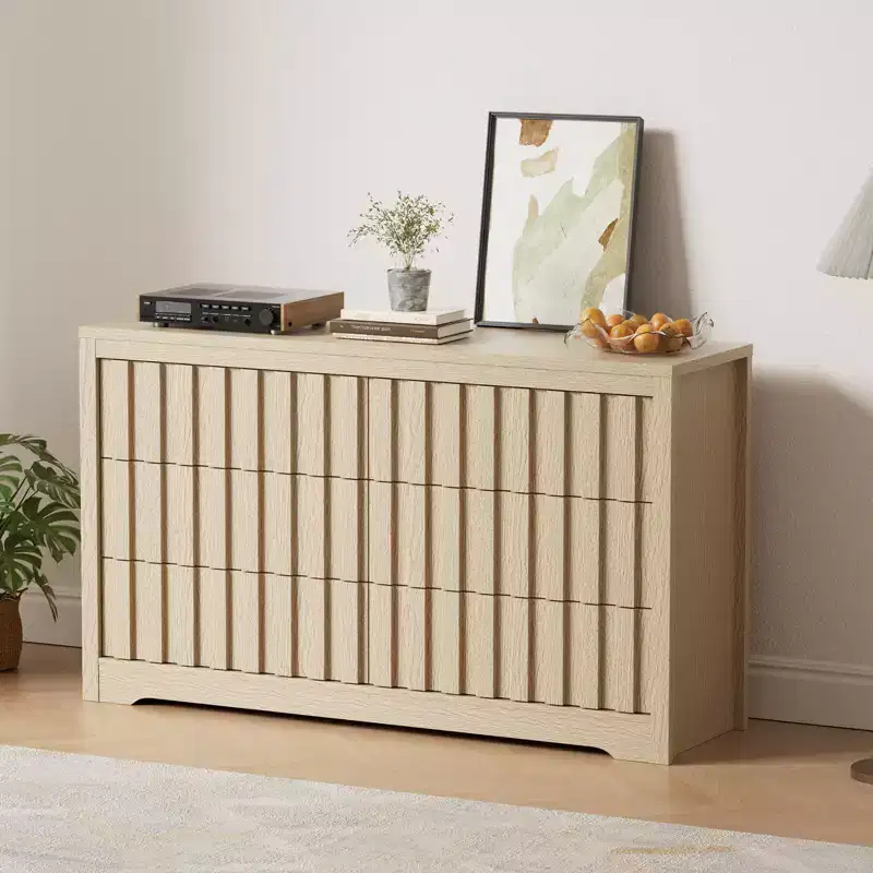 COZONY Fluted 6-Drawer Modern Dresser  Handleless Wooden TV Stand & Deep Storage Organizer for Bedroom, Living Room & Hallway, Natural Oak