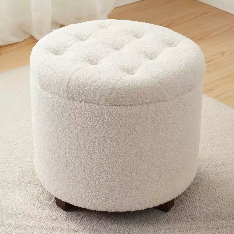 Ornavo Home Donovan Round Tufted Boucle Storage Ottoman - White