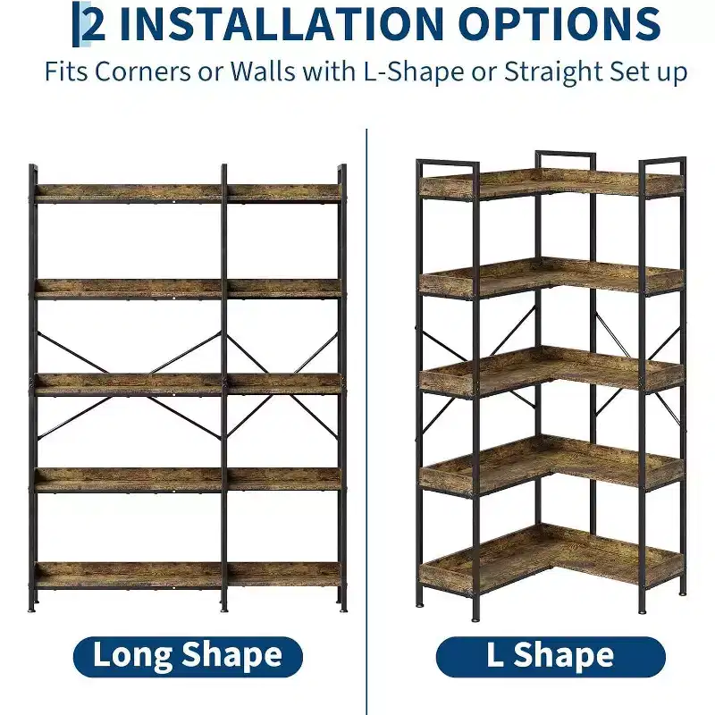 5 Tier Corner Bookshelf with 4 Hooks, Wooden Bookcase with Open Storage Shelves and Metal Frame, Freestanding Storage Organizer for Home Office