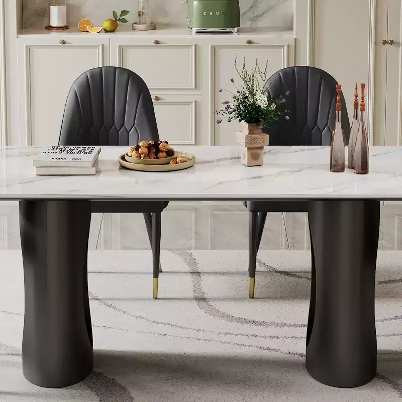 Okak Large Dining Table Rectangular Kitchen Table, Sintered Stone Composite Tempered Glass Table with Carbon Steel Base for Big Family
