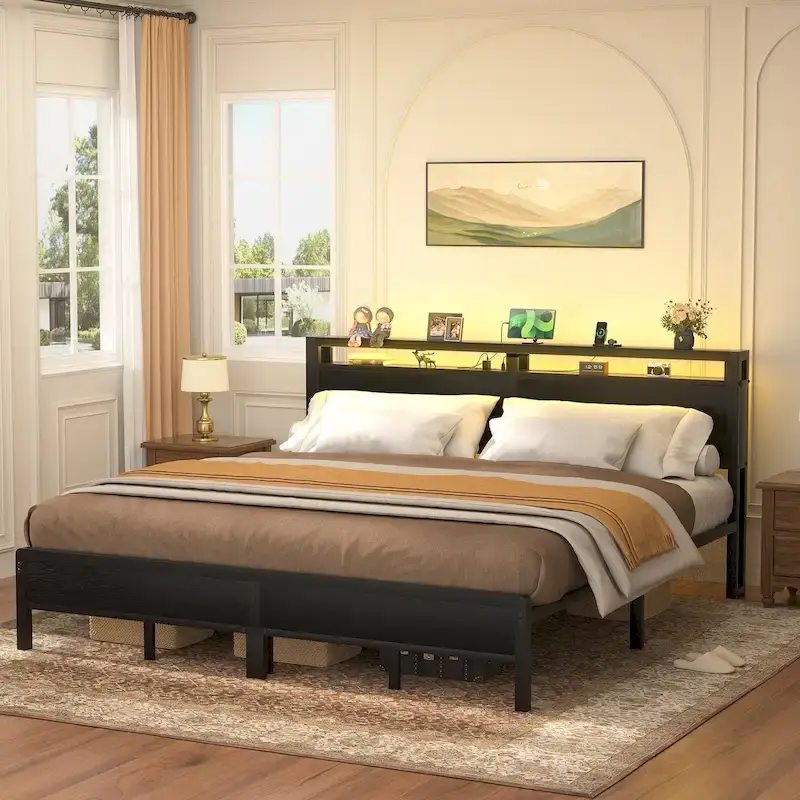 Brown/Grey/Black Platform Bed Frame with Storage Headboard & LED, Full/Queen/King